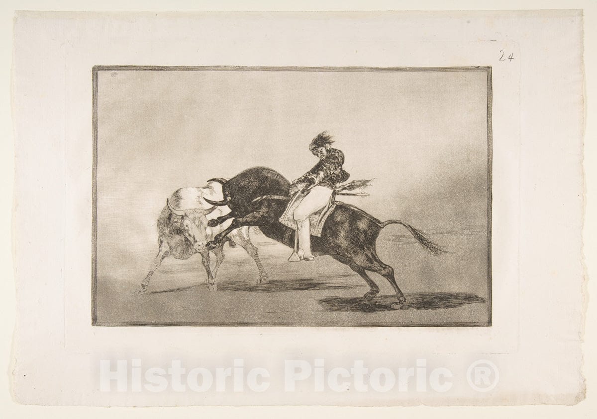 Art Print : Goya - Plate 24  'Tauromaquia': The same Ceballos mounted on another bull breaks short spears in the ring at Madrid. : Vintage Wall Art