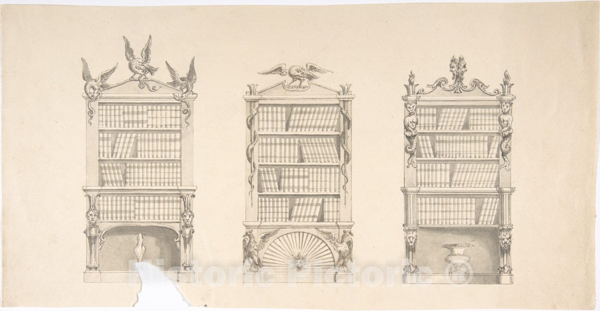 Art Print : Design for Three Bookcabinets Two Adorned with Eagles and Snakes - Artist: British, 19th Century - Created: 19th Century : Vintage Wall Art