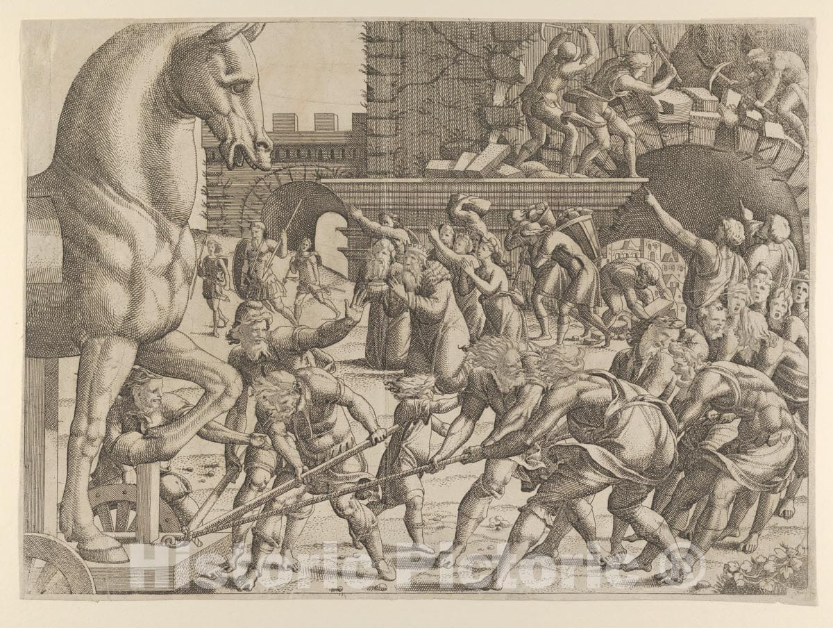 Art Print : Jean Mignon - The Trojans Bring The Wooden Horse into Their City : Vintage Wall Art