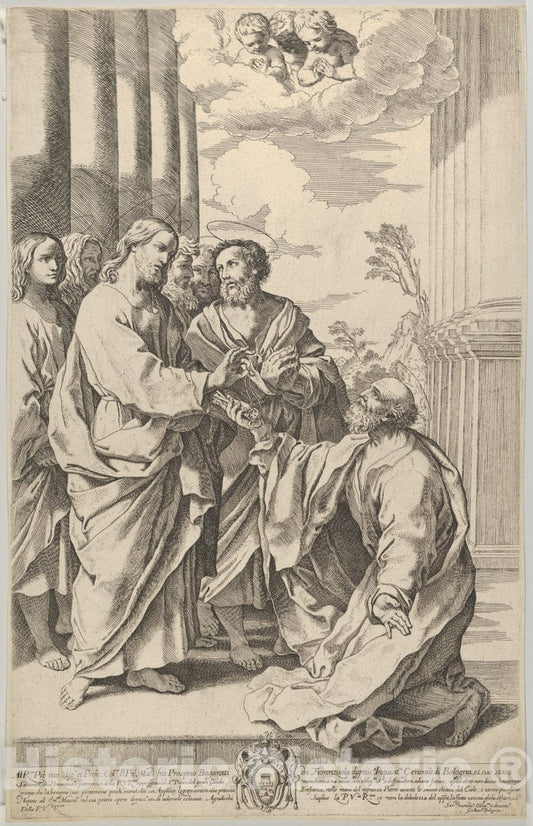 Art Print : Gian Battista Bolognini - Christ Giving The Keys of The Church to Saint Peter who Kneels Before him, After Guido Reni : Vintage Wall Art