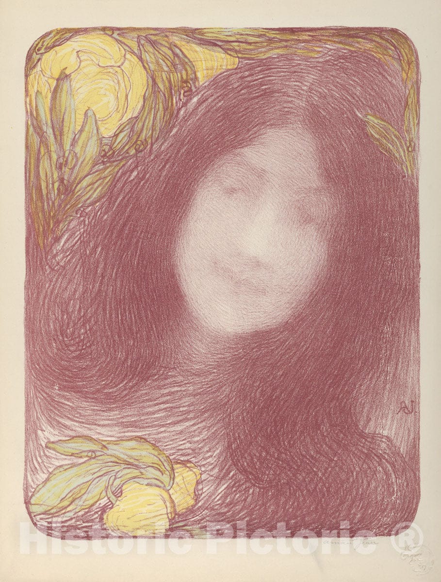 Art Print : Edmond-François Aman-Jean - Woman's Head with Flowers : Vintage Wall Art