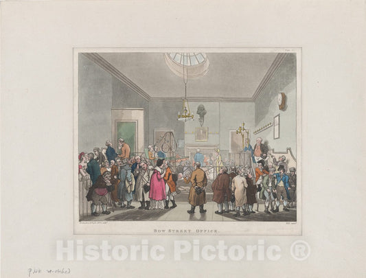 Art Print : Designed and Etched by Thomas Rowlandson - Bow Street Office (Microcosm of London, Plate 11) 1 : Vintage Wall Art