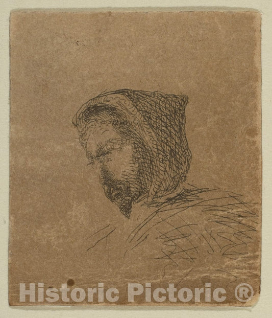 Art Print : James McNeill Whistler - Hooded Male Head (from Sketches on The Coast Survey Plate) : Vintage Wall Art