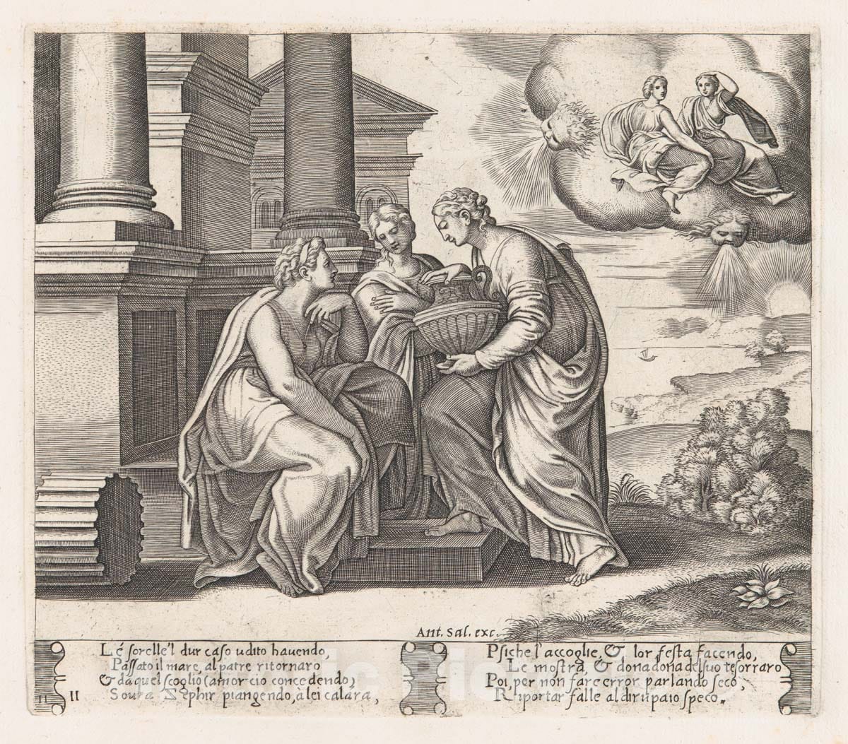 Art Print : Plate 11: Psyche offering Presents to her Sisters who Also Appear on The Clouds at Upper Right - Artist: Antonio Salamanca - Created: 1530–60 : Vintage Wall Art