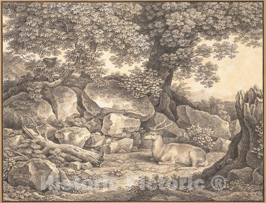 Art Print : Johann Christian Reinhart - Italian Landscape with Trees, Rocks and a Resting Deer : Vintage Wall Art