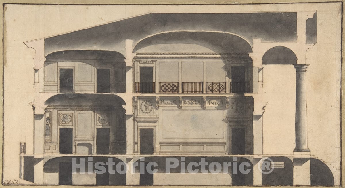 Art Print : Giovanni Battista Galliani - Section of a House with Portico Seen at Right. : Vintage Wall Art