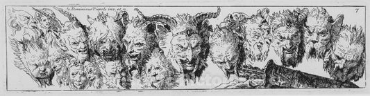 Art Print : Giovanni Domenico Tiepolo - Heads of Satyrs and Other Grotesque Heads : Vintage Wall Art