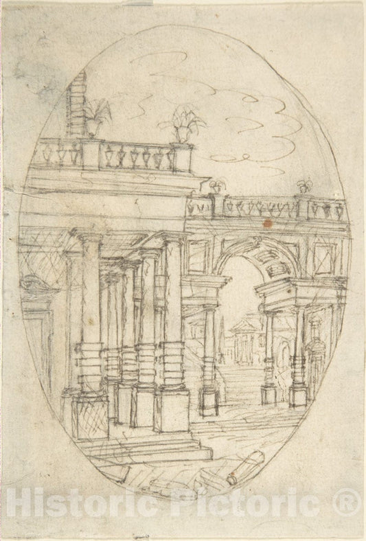 Art Print : Italian, First Half of The 18th Century - Architectural Drawing (Recto); Sketch of a Figure (Verso) : Vintage Wall Art