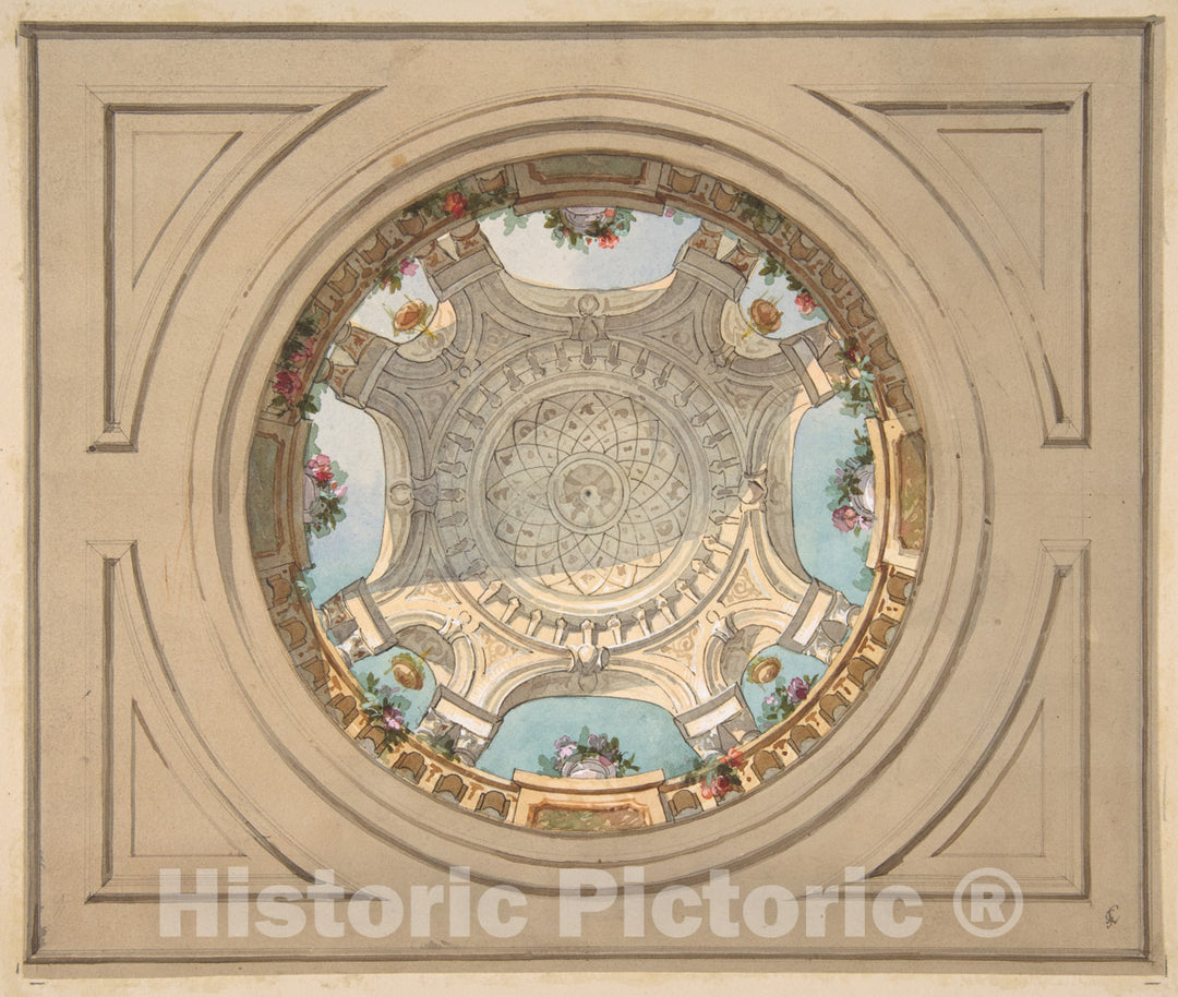 Art Print : Jules-Edmond-Charles Lachaise - Design for a Ceiling with Trompe L'Oeil Balustrade : Vintage Wall Art