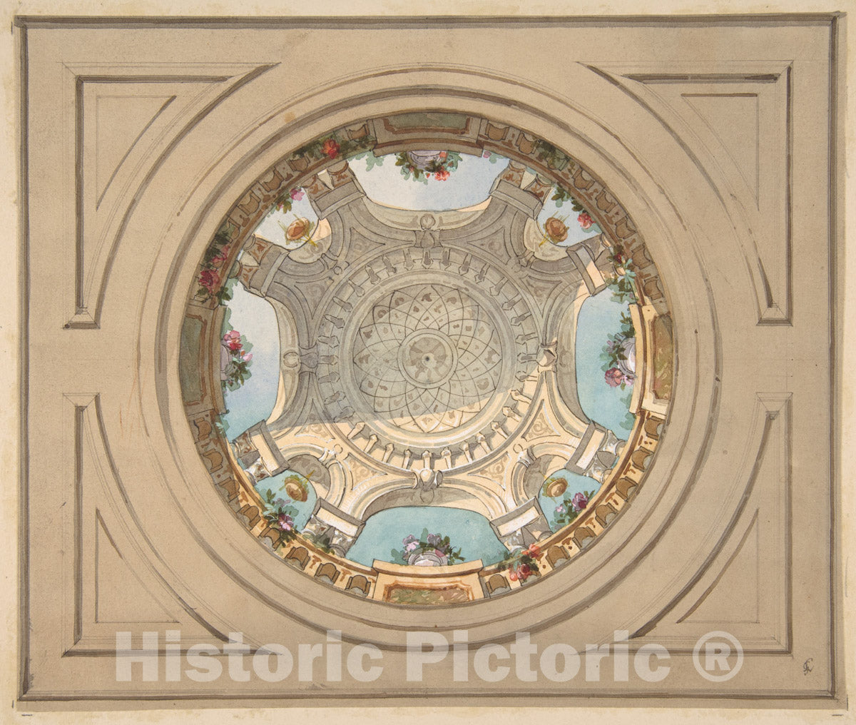 Art Print : Jules-Edmond-Charles Lachaise - Design for a Ceiling with Trompe L'Oeil Balustrade : Vintage Wall Art