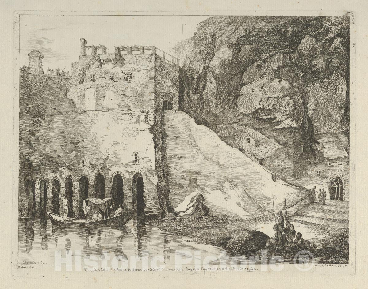 Art Print : Adélaide Allou - Vue des Debris des Bains de Neron from Differentes vues dessiné d'après Nature. Dans les Environs de Rome et de Naples : Vintage Wall Art