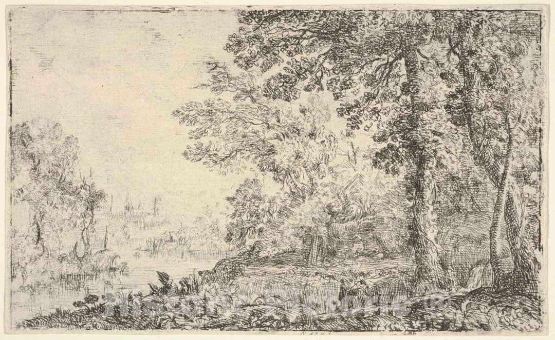 Art Print : Claude Lorrain (Claude Gellée) - A Landscape with a Monk and an Angel in The Center, a Town to The Left (The Vision) : Vintage Wall Art