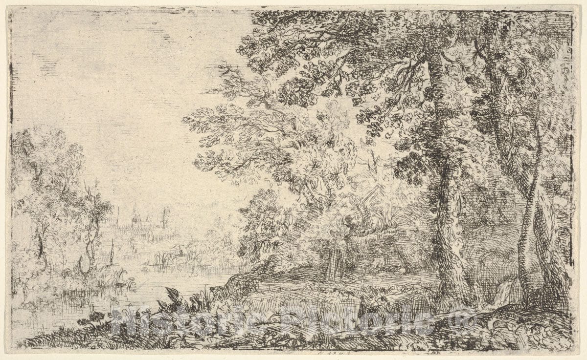 Art Print : Claude Lorrain (Claude Gellée) - A Landscape with a Monk and an Angel in The Center, a Town to The Left (The Vision) : Vintage Wall Art