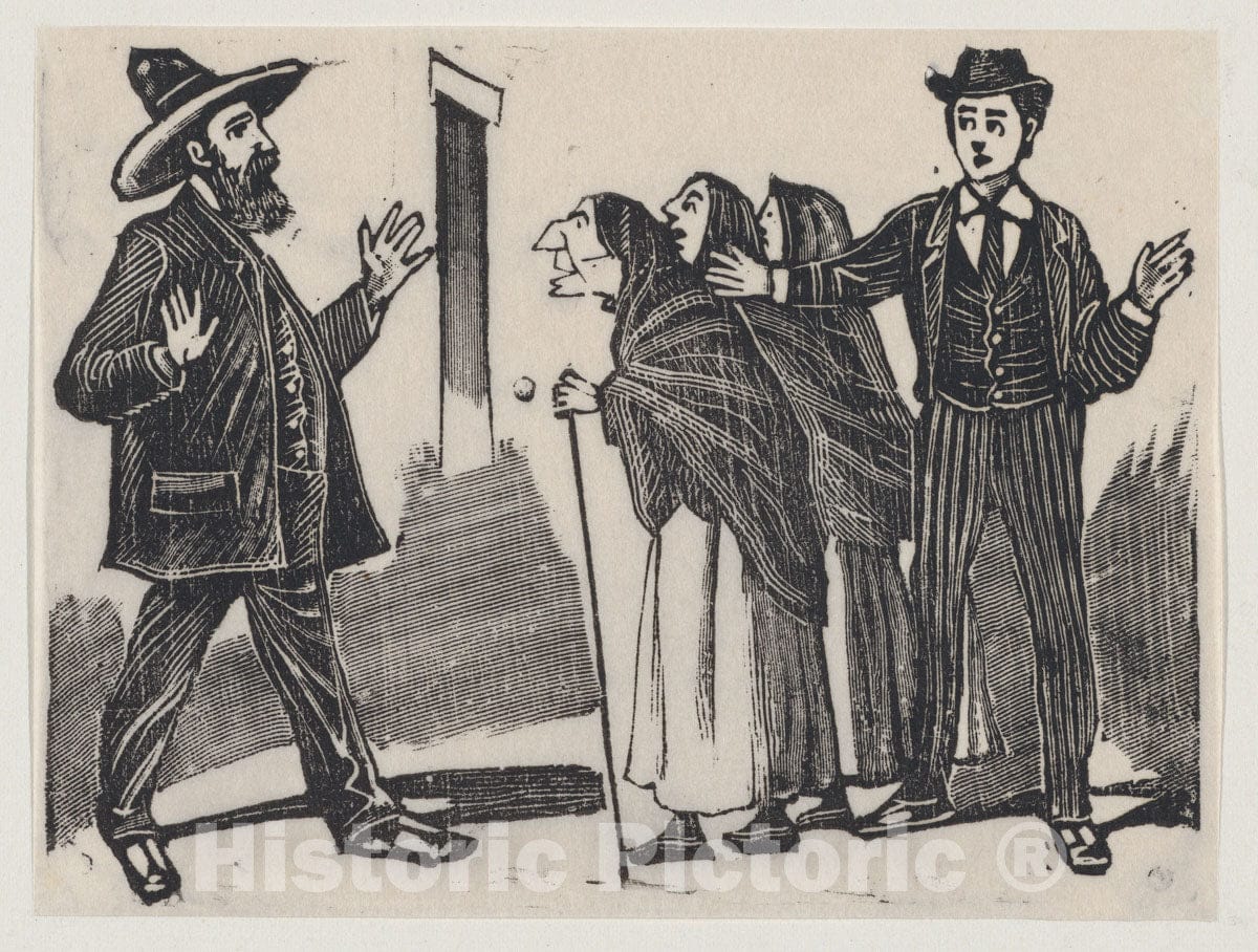 Art Print : José Guadalupe Posada - A Group of Mother-in-Laws flanked by Two Men : Vintage Wall Art