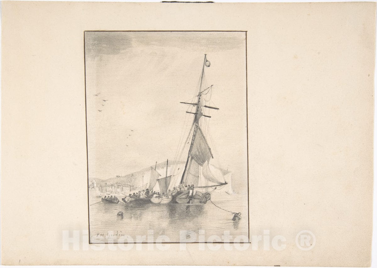 Art Print : T. H. Yudin - Boats Moored Near Cliffs of Dover : Vintage Wall Art