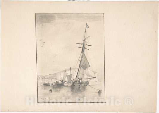 Art Print : T. H. Yudin - Boats Moored Near Cliffs of Dover : Vintage Wall Art
