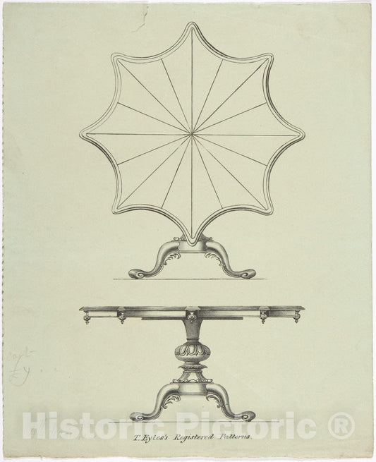 Art Print : British, 19th Century - Design for a Star-Shaped Tilting Pedestal Table: Two Views : Vintage Wall Art