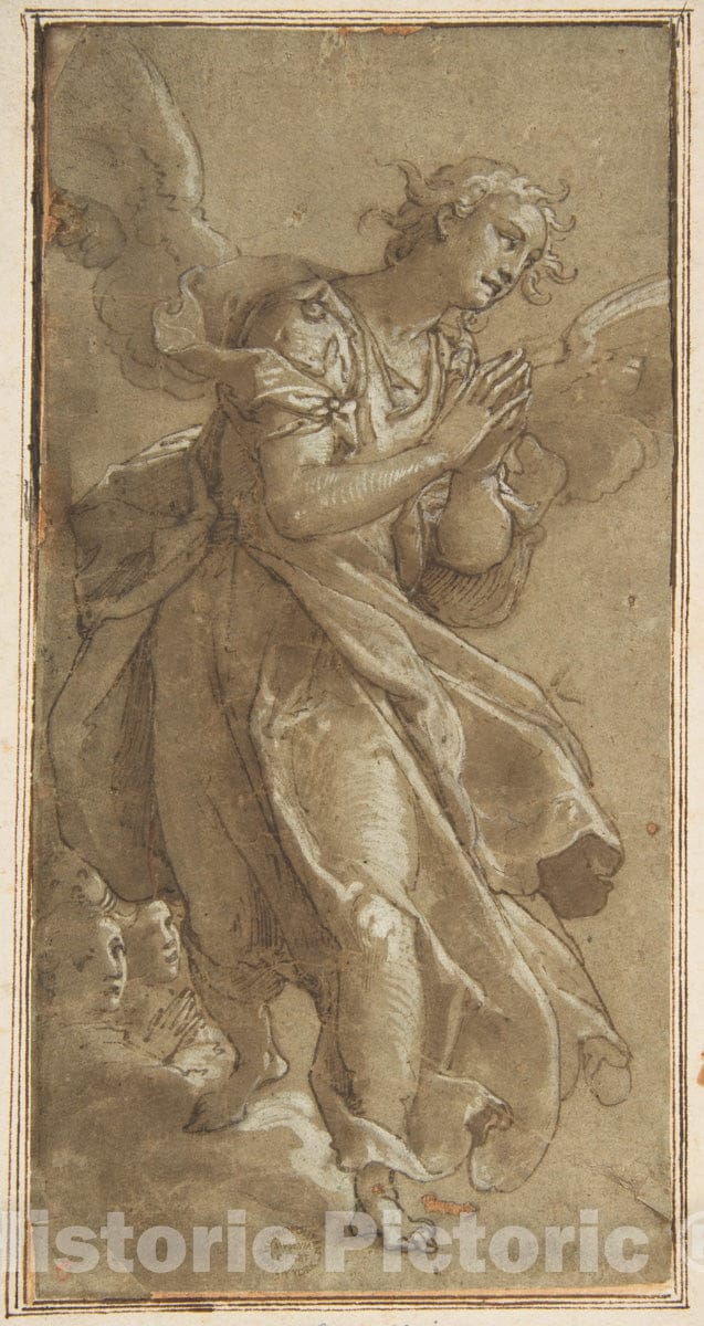 Art Print : Ascribed to Federico Zuccaro (Zuccari) - A Standing Angel and Two Cherubs : Vintage Wall Art