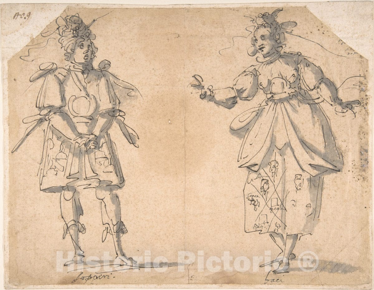 Art Print : Giovanni Battista Paggi - Drawings for Two Masquerade or Ballet Costumes ('Sospiri' and 'Baci') : Vintage Wall Art