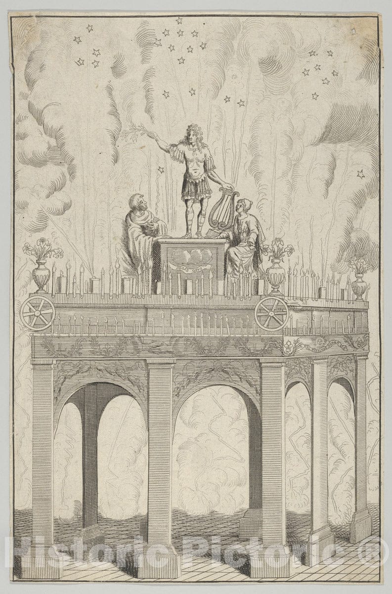 Art Print : Anonymous, French, 17th Century - Triumphal Arch with Sculpture of Louis XIV as Apollo and Fireworks in The Background : Vintage Wall Art