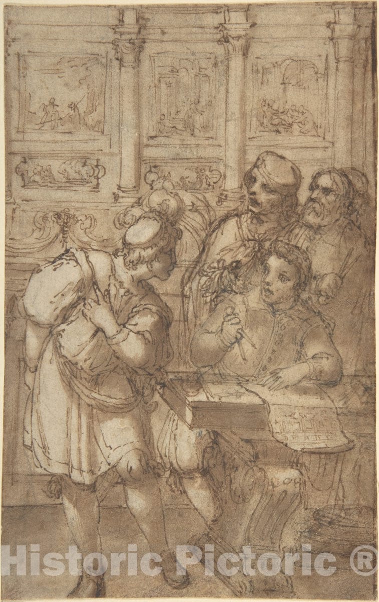 Art Print : Agostino Tassi - Architect in His Study Holding a Compass and Conversing with Three Men : Vintage Wall Art