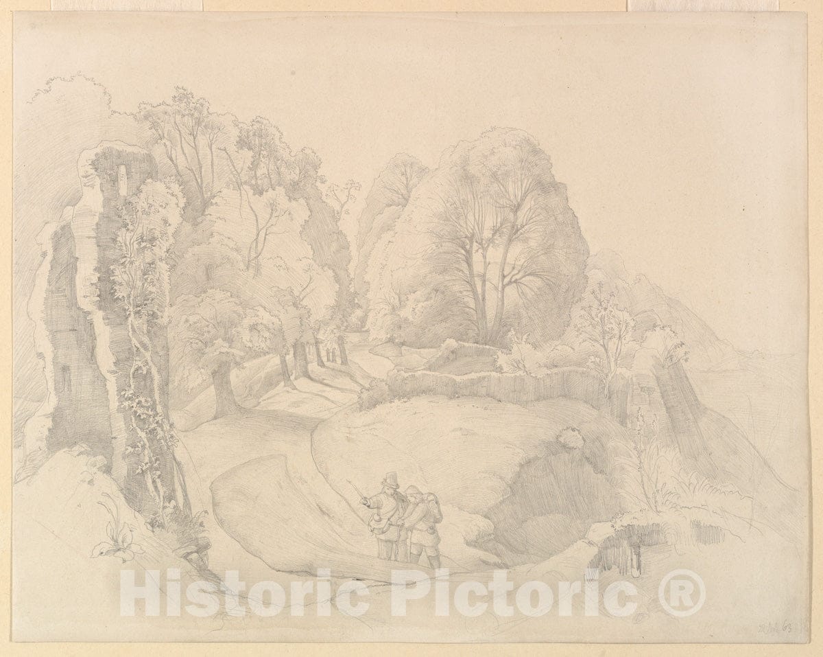 Art Print : Victor Paul Mohn - Wayfarers Near a Ruin in a Hilly Landscape : Vintage Wall Art
