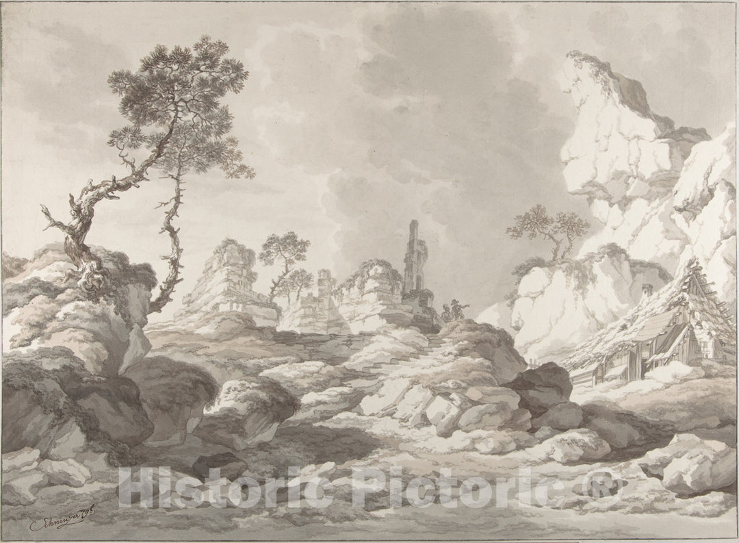 Art Print : Jakob Matthias Schmutzer - Landscape with a Ruin Near Mödling : Vintage Wall Art
