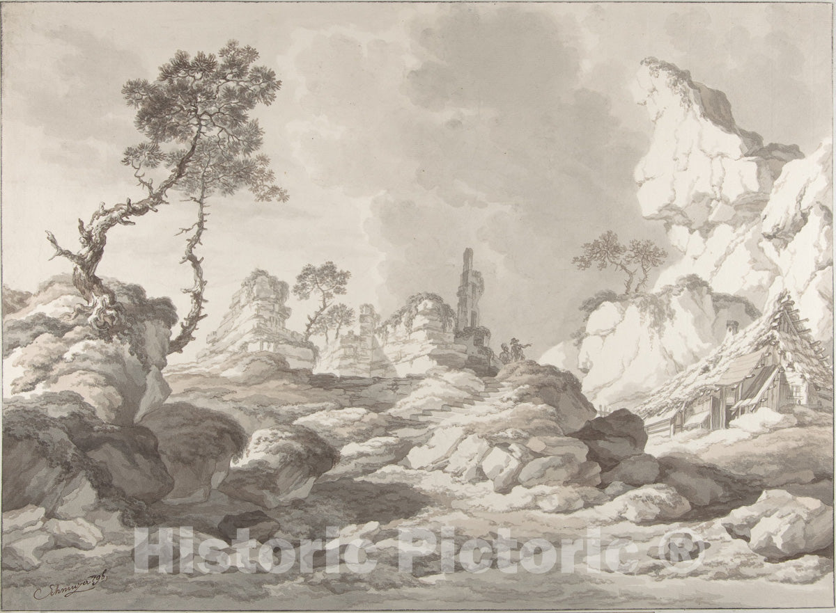 Art Print : Jakob Matthias Schmutzer - Landscape with a Ruin Near Mödling : Vintage Wall Art