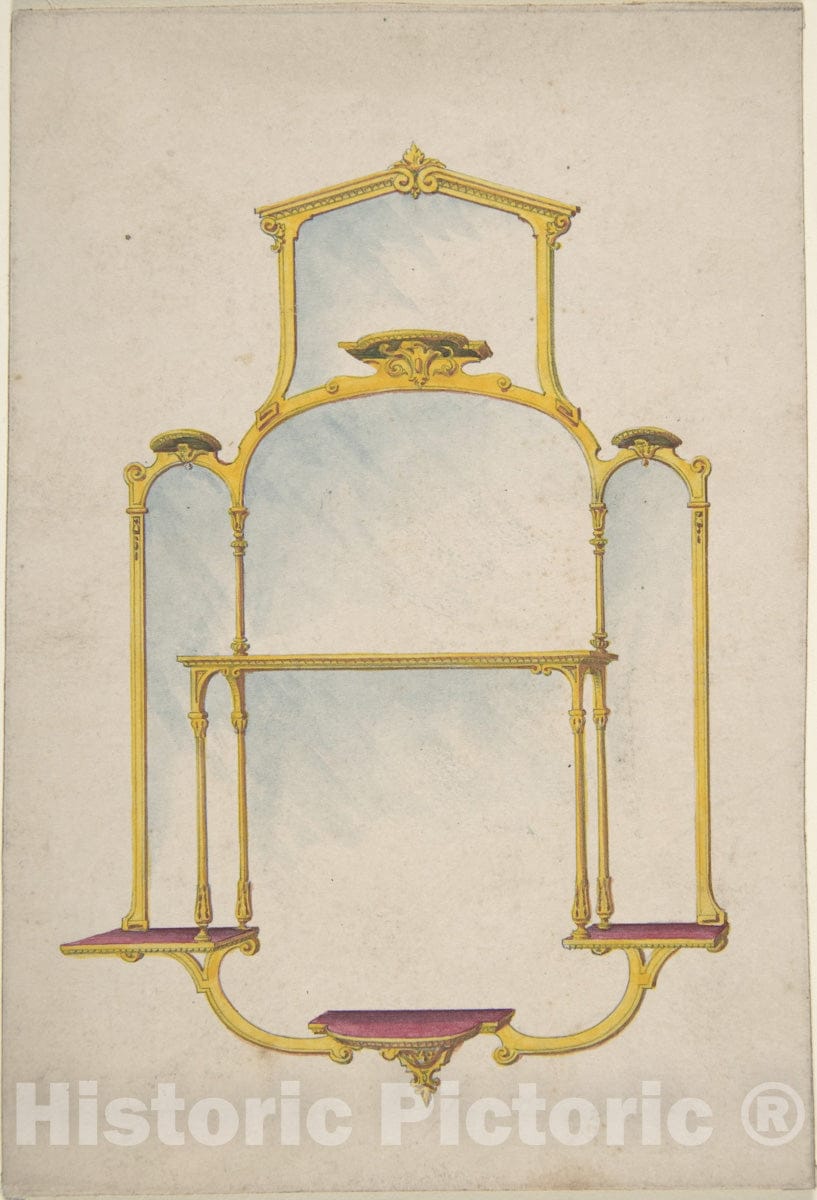 Art Print : British, 19th Century - Design for a Hanging Mirror with Shelves : Vintage Wall Art