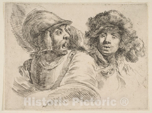 Art Print : Stefano Della Bella - Frightened Soldier and a Man in a Fur Hat : Vintage Wall Art