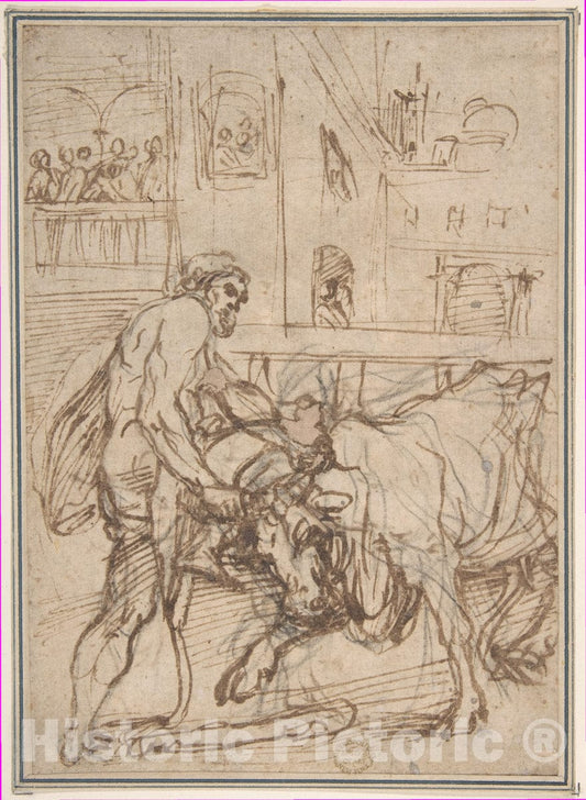 Art Print : Italian, Roman-Bolognese, 17th Century - Hercules Capturing The Cretan Bull: Part of a Cycle Depicting The Labors of Hercules : Vintage Wall Art