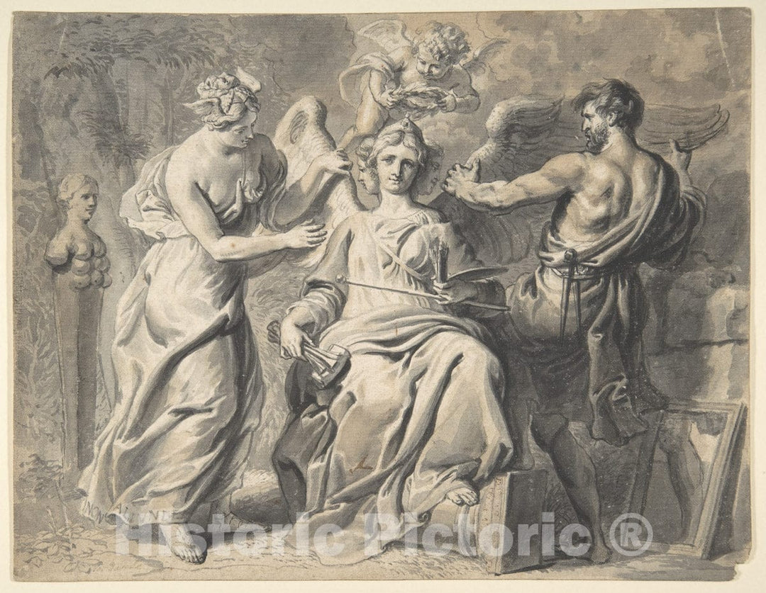 Art Print : An Allegory of the Arts with Isis and Geometry Attending the Three-headed Figure of Painting and Sculpture - Artist: Erasmus Quellinus - 17th century : Vintage Wall Art