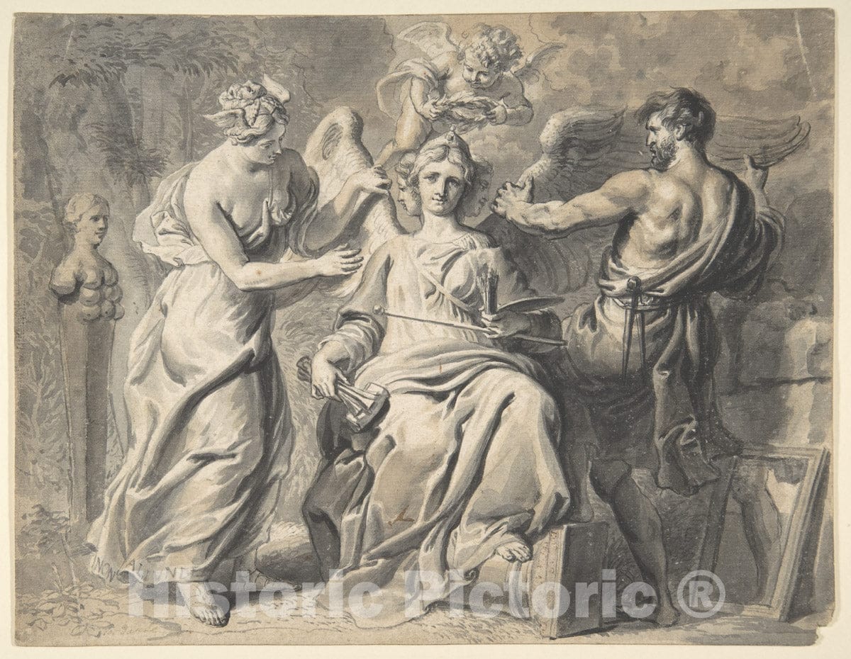 Art Print : An Allegory of the Arts with Isis and Geometry Attending the Three-headed Figure of Painting and Sculpture - Artist: Erasmus Quellinus - 17th century : Vintage Wall Art
