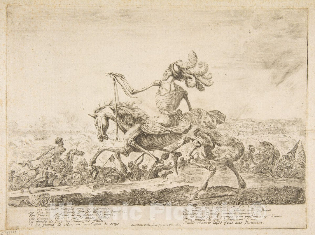 Art Print : Etched by Stefano Della Bella - Death on a Battlefield, from 'The Five Deaths' (Les Cinq Morts) : Vintage Wall Art