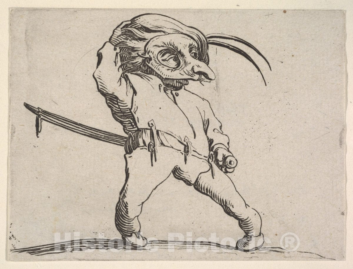 Art Print : Jacques Callot - Masked, Small Male Figure with Right Hand Grasping hat and Left Hand Grasping Sword hilt, from The Series 'Varie Figure gobbi' : Vintage Wall Art