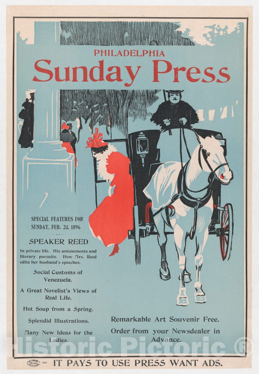 Art Print : George Reiter Brill - Advertisement for Philadelphia Sunday Press: February 2D, 1896 : Vintage Wall Art