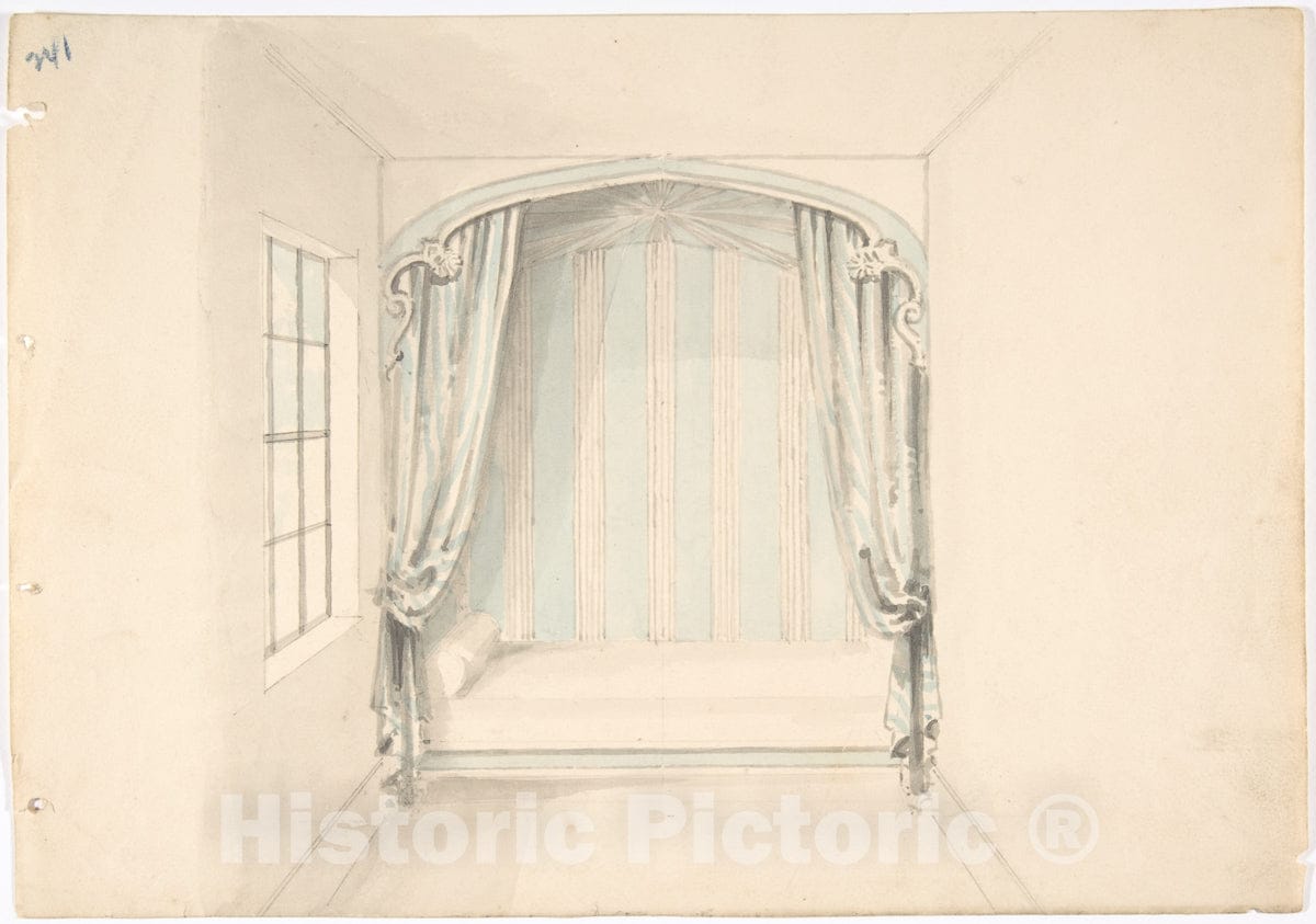 Art Print : British, 19th Century - Design for a Canopied Bed with Pale Blue and White Hangings : Vintage Wall Art