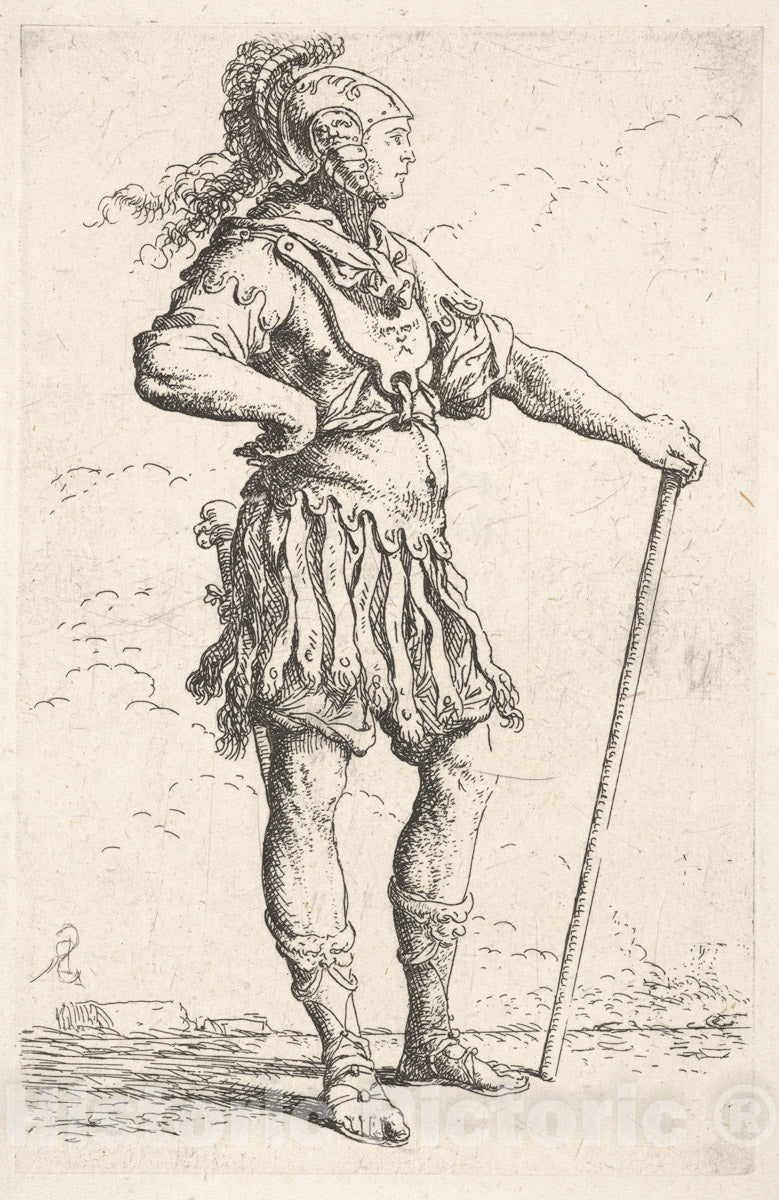 Art Print : Salvator Rosa - A Warrior Facing Right Wearing a plumed Helmet and Holding a Staff, from The Series 'Figurine' : Vintage Wall Art