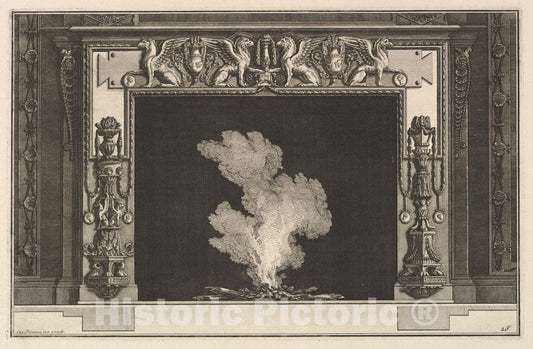 Art Print : Chimneypiece: Affronted Griffons on The Lintel and Candelabra on The jambs - Artist: Giovanni Battista Piranesi - Created: c1769 : Vintage Wall Art