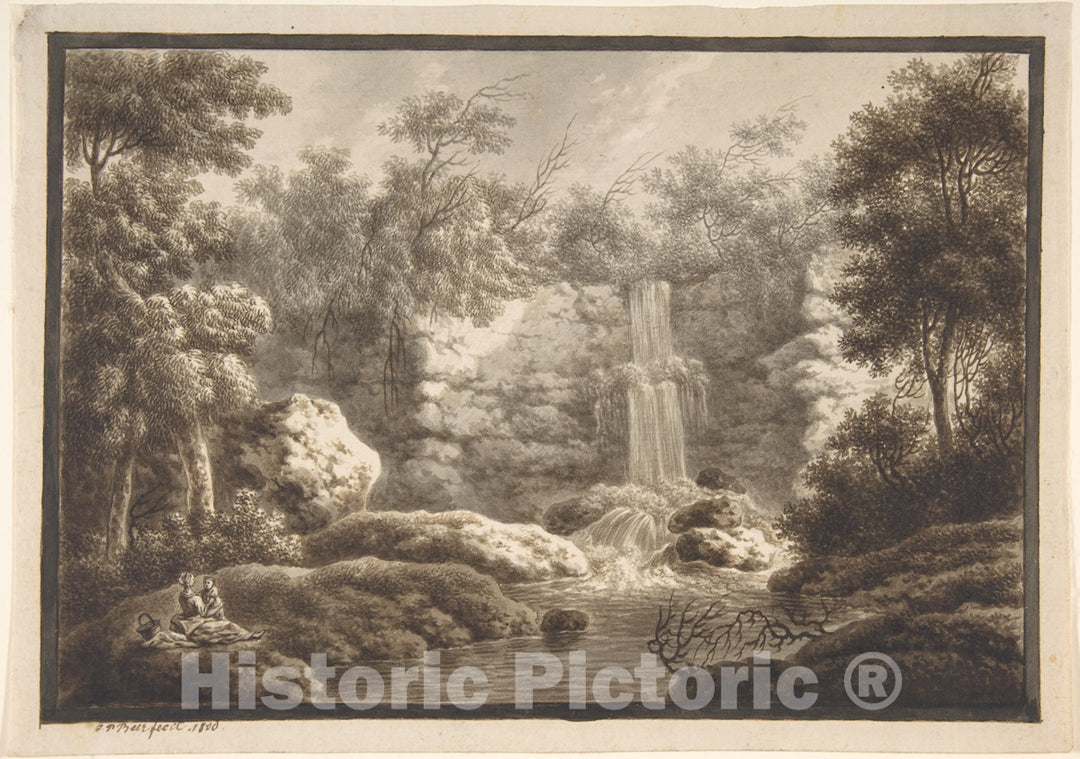 Art Print : Johann Peter Beer - Landscape with Waterfall and a Mother and Child : Vintage Wall Art