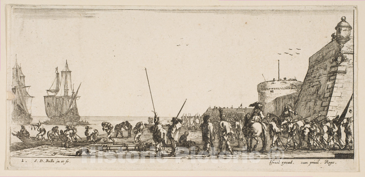 Art Print : Stefano Della Bella - Plate 1: Soldiers Waiting to Board a Ship, from 'Various Embarkations' (Divers embarquements) : Vintage Wall Art
