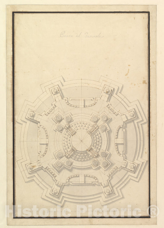 Art Print : Workshop of Giuseppe Galli Bibiena - Ground Plan of a Catafalque for Francis Lewis of Newburg, Archshop of Mainz (Died Breslau 1732) : Vintage Wall Art