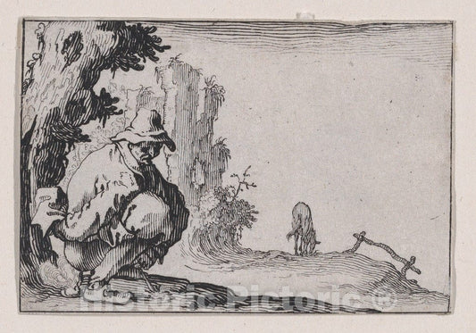 Art Print : Jacques Callot - Le Paysan Accroupi (The Squatting Peasant), from Les Caprices Series A, The Florence Set : Vintage Wall Art