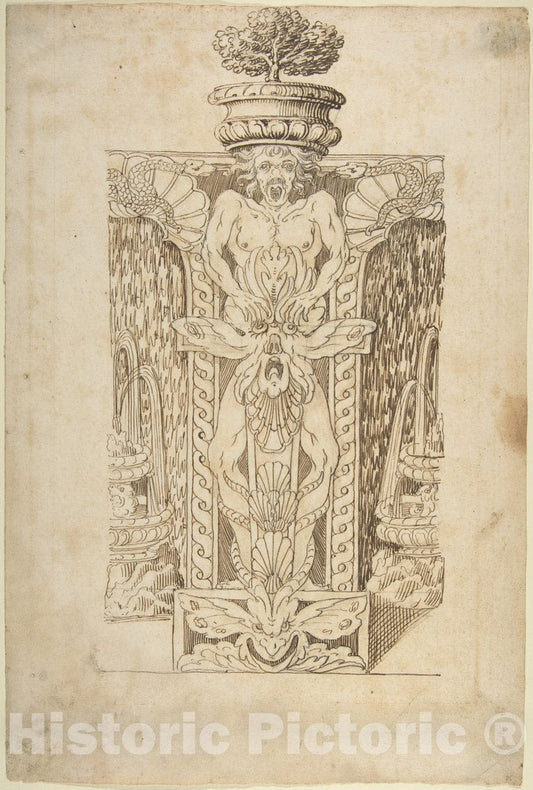 Art Print : Italian, Lombard, 16th Century - Design for a Wall Fountain - 438315 : Vintage Wall Art