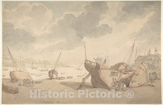 Art Print : Thomas Rowlandson - Harbor Scene with The Tide Out, and Beached Boats : Vintage Wall Art