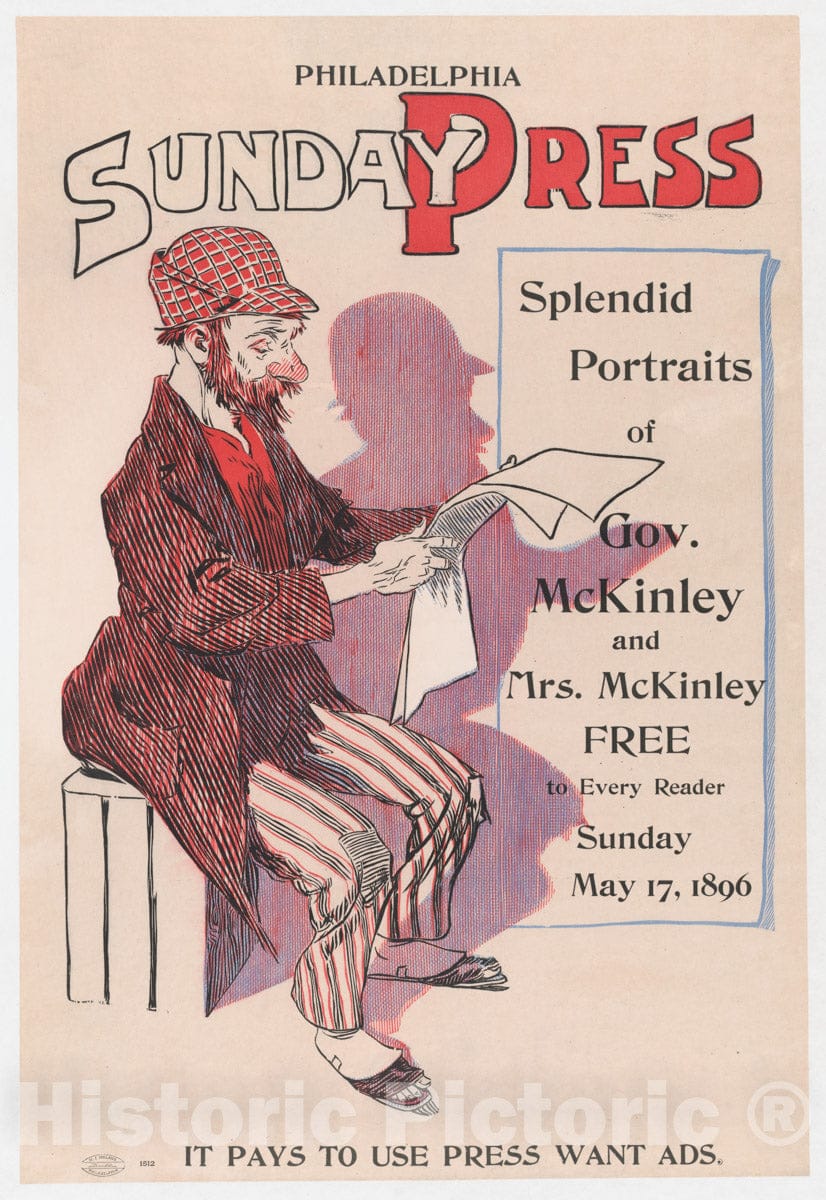 Art Print : George Reiter Brill - Advertisement for Philadelphia Sunday Press: May 17, 1896 : Vintage Wall Art
