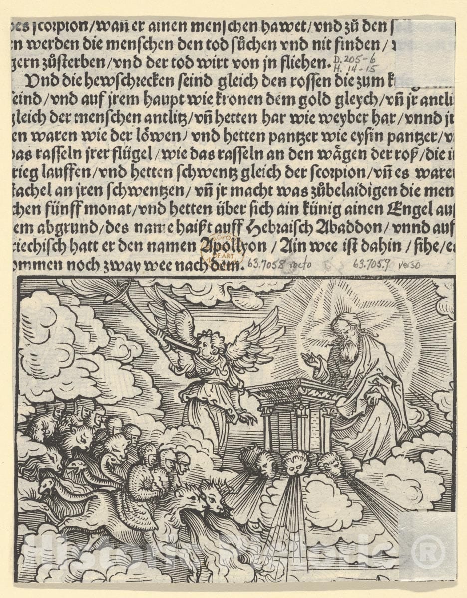 Art Print : Hans Burgkmair - Verso of Sheet with Fragment of The Destroying Angels, from The Apocalypse : Vintage Wall Art