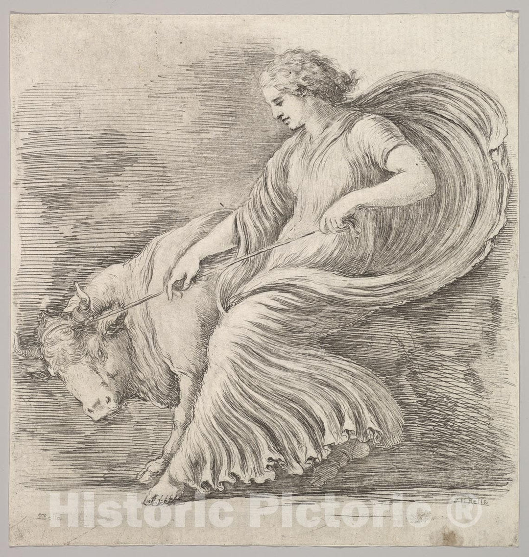 Art Print : Stefano Della Bella - A Woman in Profile Pulling Back on a Rope Tied Around The Horns of a Young Bull : Vintage Wall Art