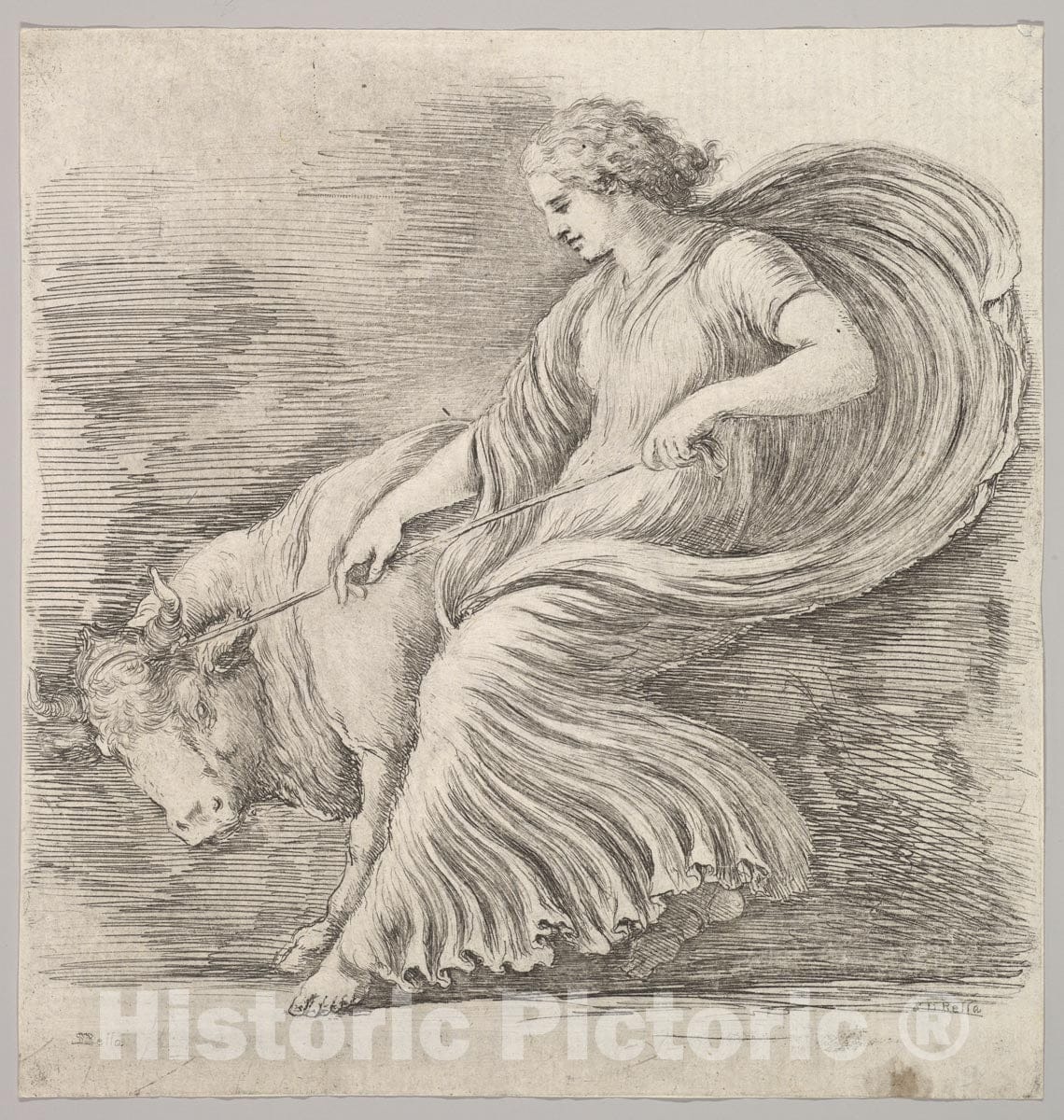 Art Print : Stefano Della Bella - A Woman in Profile Pulling Back on a Rope Tied Around The Horns of a Young Bull : Vintage Wall Art