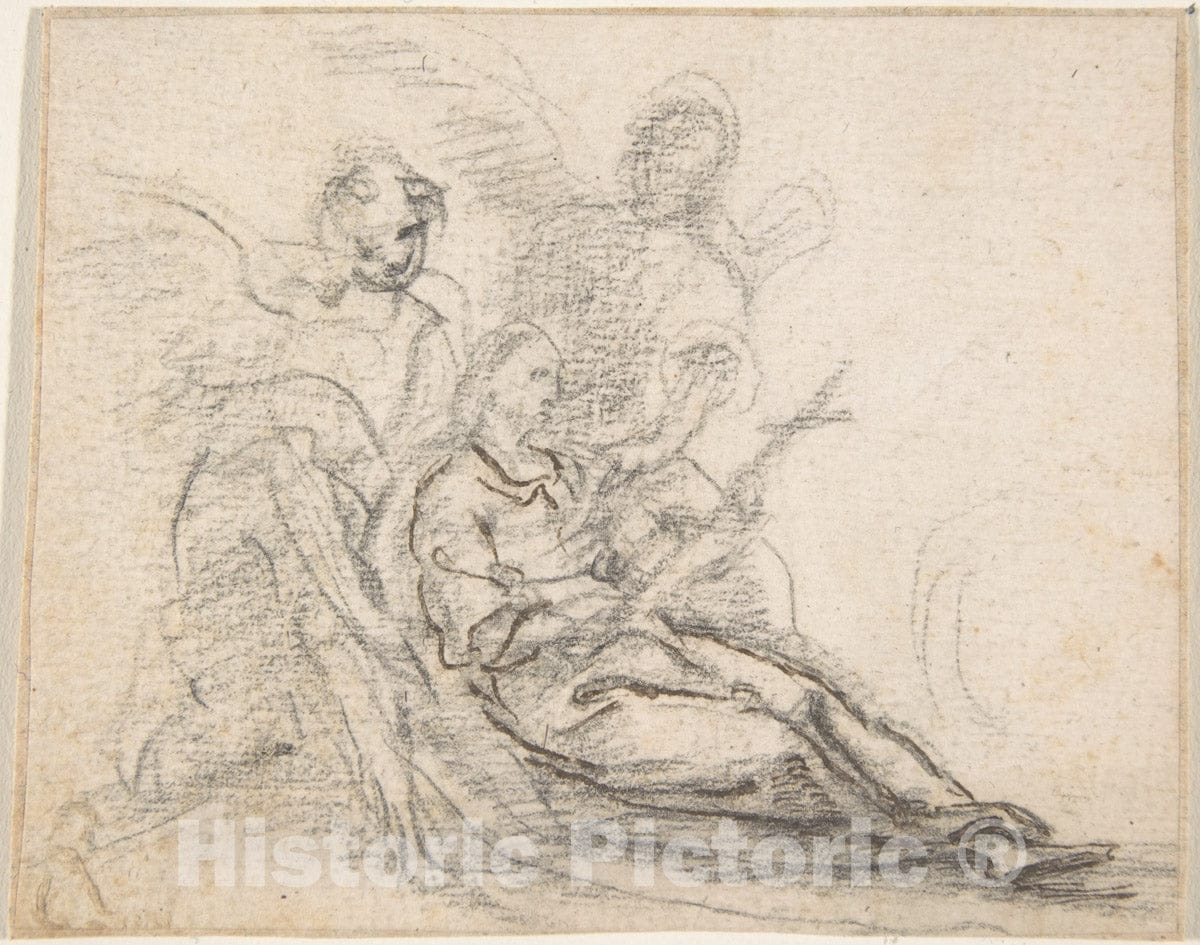 Art Print : Spanish, School of Seville, 17th Century - Reclining Figure of Saint Holding Cross, Supported by Two Angels : Vintage Wall Art